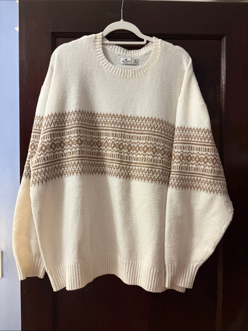Hollister Cream Crewneck Sweater with Tan Fair Isle Stripe, XL
